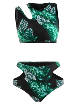 Cut Out Mid Waisted Leaf Print Black Bikini Set -LICA Clothing Shop 1697854856694772060