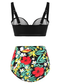 Floral Print High Waist Flounce Decorative Ring Bikini Set -LICA Clothing Shop 1697867585308693975