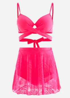 Hot Pink Lace Stitching High Waist Bikini Set -LICA Clothing Shop 1698042392501326292