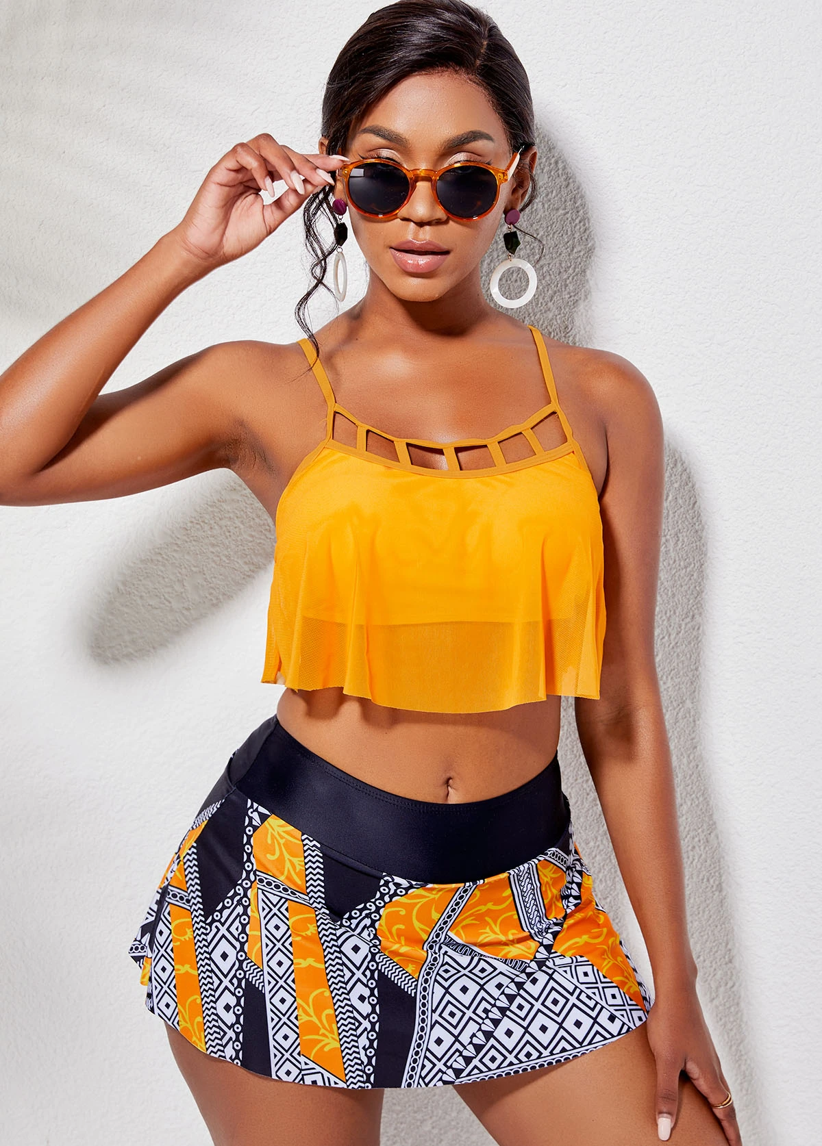 Cage Neck Overlay Top And Printed Pantskirt 1 Cage Neck Overlay Top And Printed Pantskirt