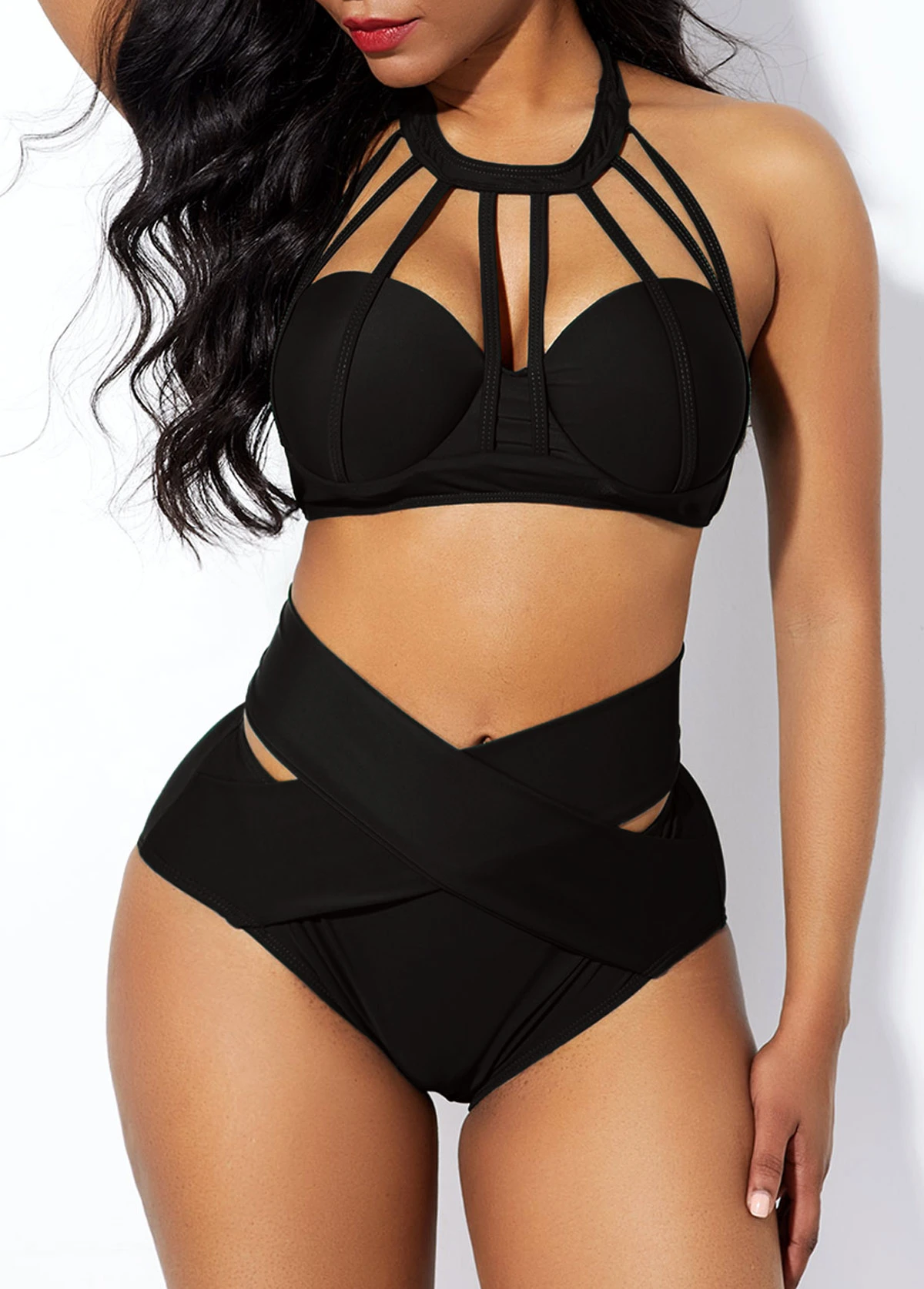 Cage Neck High Waist Cross Front Bikini Set 1 Cage Neck High Waist Cross Front Bikini Set