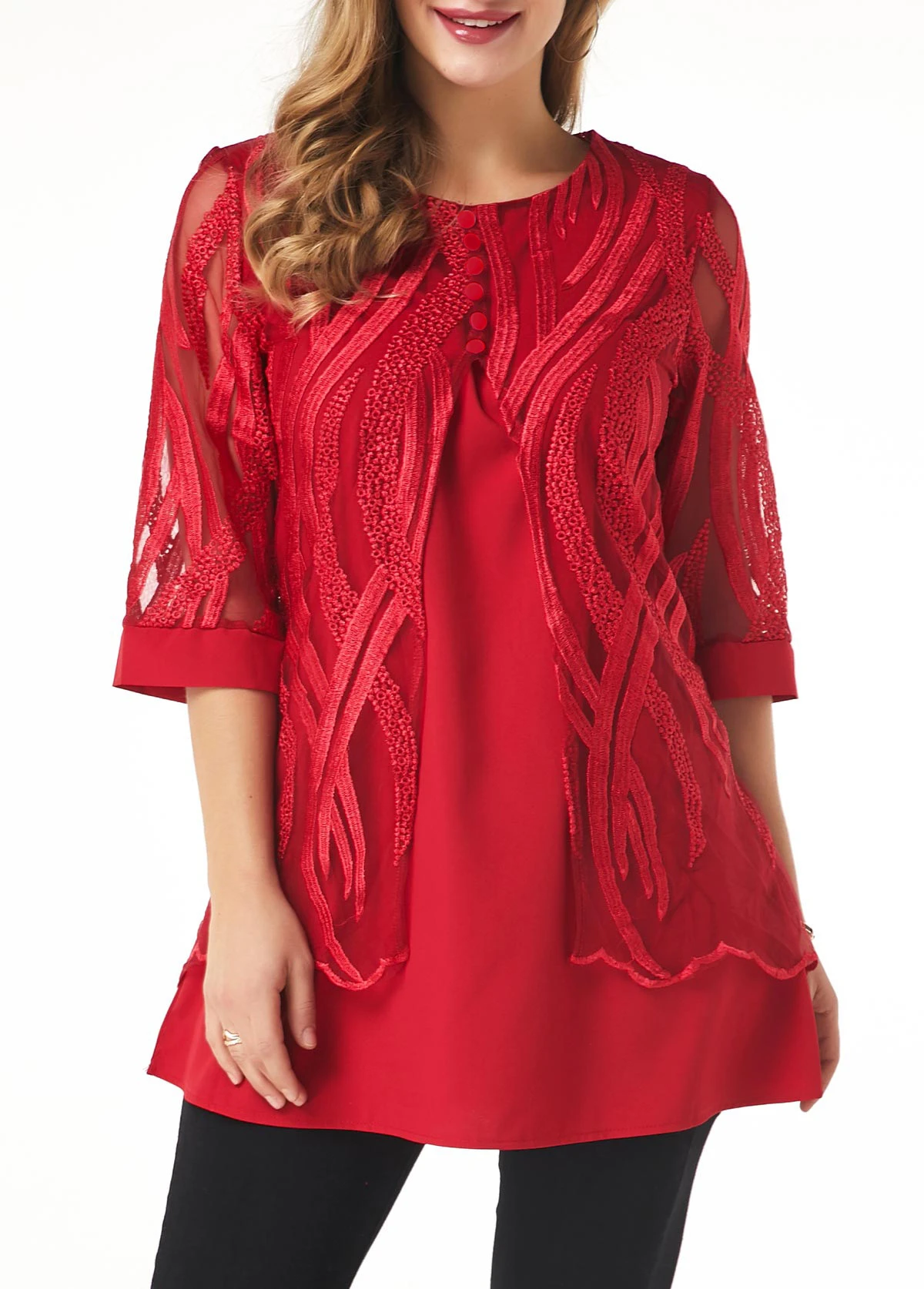 Lace Panel Layered Hem Button Detail T Shirt 1 Lace Panel Layered Hem Button Detail T Shirt