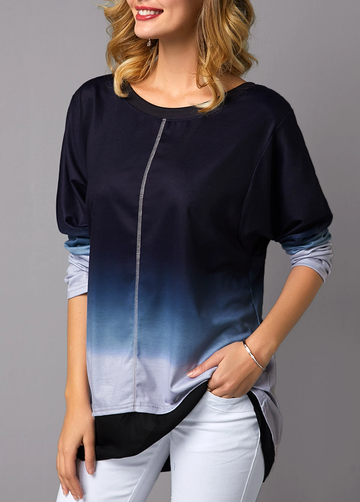 Long Sleeve Asymmetric Hem Round Neck T Shirt 3 Long Sleeve Asymmetric Hem Round Neck T Shirt - Image 3