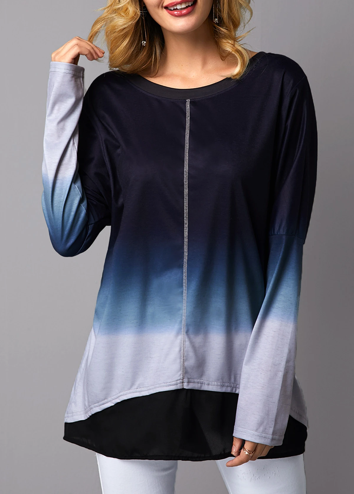 Long Sleeve Asymmetric Hem Round Neck T Shirt 1 Long Sleeve Asymmetric Hem Round Neck T Shirt