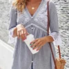 Lace Panel Button Up Flare Cuff T Shirt