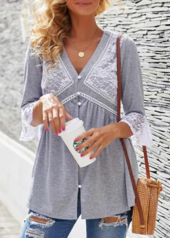 Lace Panel Button Up Flare Cuff T Shirt