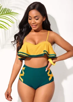 Ruffle Hem Contrast Spaghetti Strap High Waisted Bikini Set