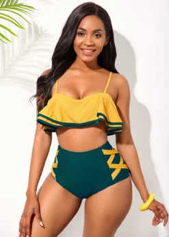 Ruffle Hem Contrast Spaghetti Strap High Waisted Bikini Set -LICA Clothing Shop 254902 P 16070457628443