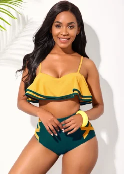 Ruffle Hem Contrast Spaghetti Strap High Waisted Bikini Set -LICA Clothing Shop 254902 P 16070457639784