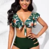 Floral Print Flounce Ladder Cutout High Waisted Bikini Set