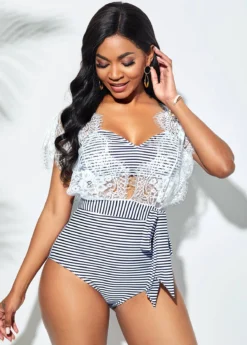 Retro Striped Lace Stitching Bikini Set -LICA Clothing Shop 258899 P 16080175014302