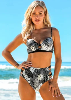 Leaf Print High Waist Ladder Cutout Bikini Set -LICA Clothing Shop 260168 P 16182033275890