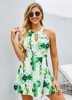 Keyhole Neckline Printed Strappy Back Swimdress And Shorts