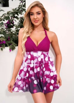 Halter Polka Dot Layered Mesh Swimdress And Panty