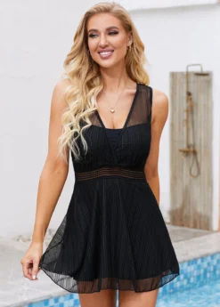 Lace Up Back Solid Swimdress And Panty