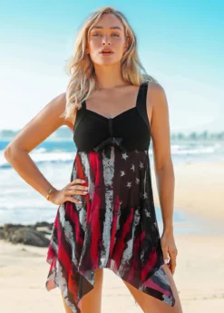 American Flag Print Wide Strap Asymmetric Hem Swimdress And Shorts -LICA Clothing Shop 262673 P 16176844231703