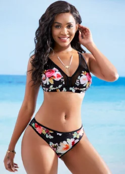 Mesh Stitching Floral Print Bikini Set