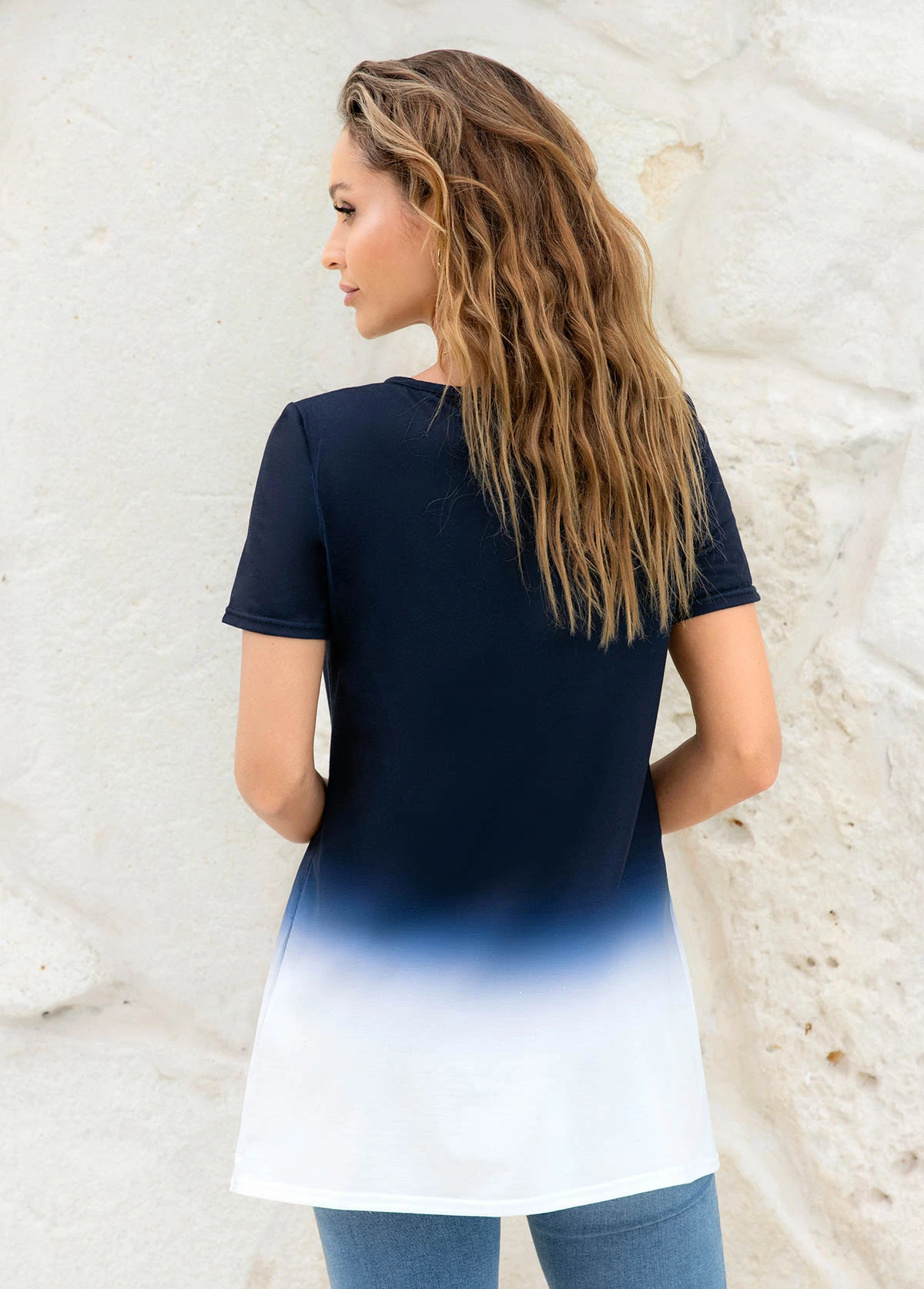 Criss Cross Neck Ombre Print T Shirt 2 Criss Cross Neck Ombre Print T Shirt - Image 2