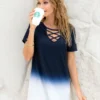 Criss Cross Neck Ombre Print T Shirt