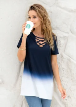 Criss Cross Neck Ombre Print T Shirt