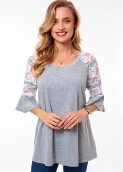 Lace Stitching V Neck Flare Sleeve T Shirt -LICA Clothing Shop 265483 P 16185623363303