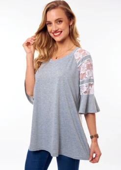Lace Stitching V Neck Flare Sleeve T Shirt -LICA Clothing Shop 265483 P 16185623365042
