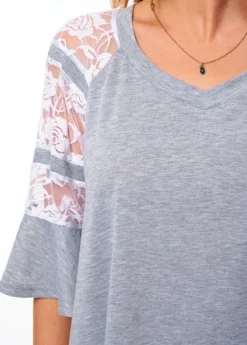 Lace Stitching V Neck Flare Sleeve T Shirt -LICA Clothing Shop 265483 P 16185623366514
