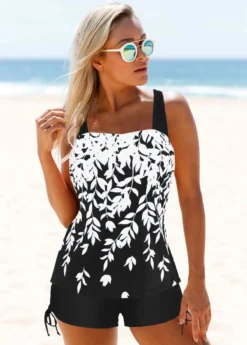 Wide Strap Drawstring Side Printed Tankini Set