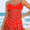 Double Straps Contrast Stitch Polka Dot Swimdress And Panty