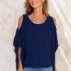 Cold Shoulder Chiffon Ruffle Sleeve T Shirt