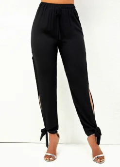 Side Slit Drawstring Waist Black Pants -LICA Clothing Shop 271332 P 16479995928652