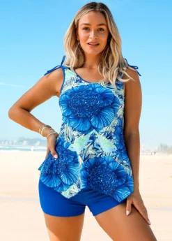 Tie Shoulder Asymmetric Hem Floral Print Tankini Set -LICA Clothing Shop 271414 P 16214729137092