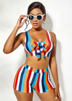 Rainbow Stripe High Waisted Bowknot Bikini Set