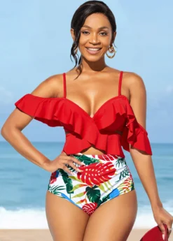 High Waisted Spaghetti Strap Flounce Bikini Set