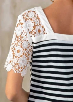 Lace Patchwork Short Sleeve V Neck Striped T Shirt -LICA Clothing Shop 273029 P 16267584702753