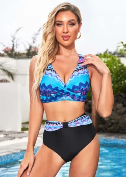 Front Cross High Waisted Tribal Print Bikini Set