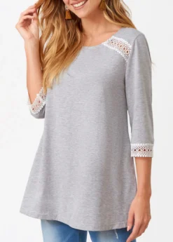 Lace Patchwork Three Quarters Sleeve Round Neck T Shirt -LICA Clothing Shop 276071 P 16286514804772