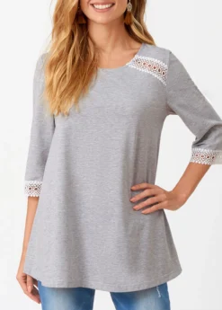 Lace Patchwork Three Quarters Sleeve Round Neck T Shirt -LICA Clothing Shop 276071 P 16286514809263