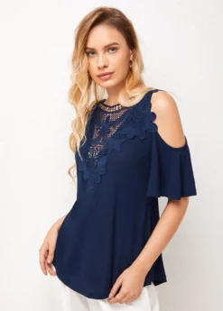 Lace Stitching Cold Shoulder Cross Strap T Shirt -LICA Clothing Shop 276846 P 16279552841292