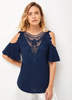 Lace Stitching Cold Shoulder Cross Strap T Shirt -LICA Clothing Shop 276846 P 16279552843973