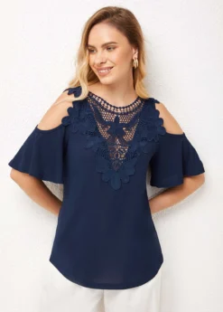 Lace Stitching Cold Shoulder Cross Strap T Shirt -LICA Clothing Shop 276846 P 16279552845564
