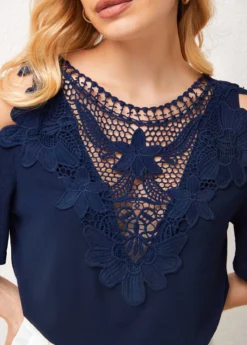Lace Stitching Cold Shoulder Cross Strap T Shirt -LICA Clothing Shop 276846 P 16279552849795