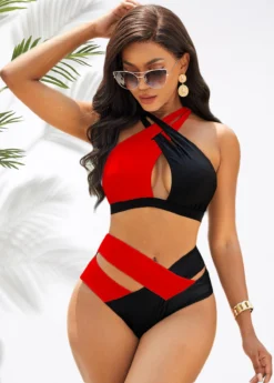 Contrast Cross Strap High Waist Bikini Set