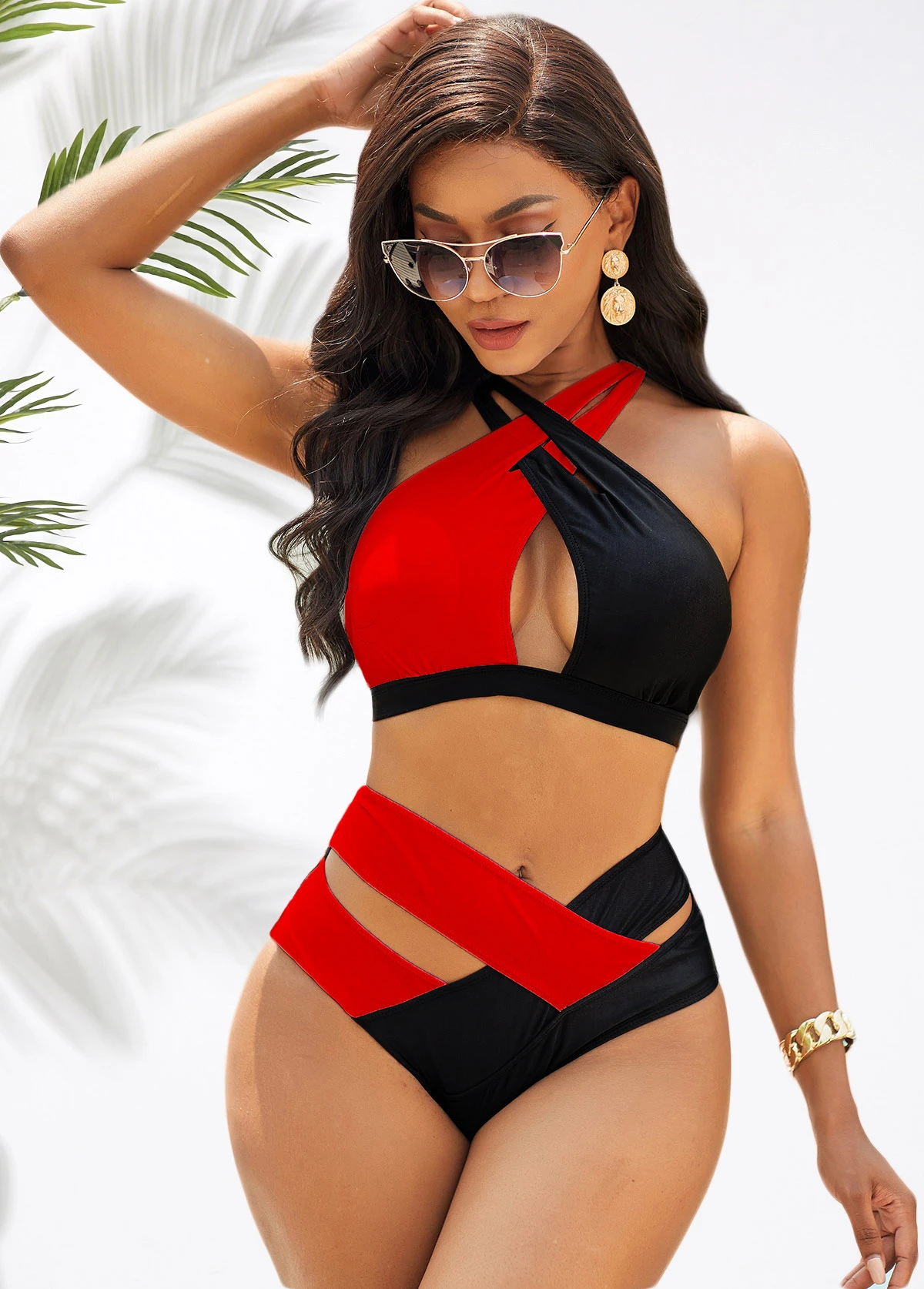 Contrast Cross Strap High Waist Bikini Set 1 Contrast Cross Strap High Waist Bikini Set
