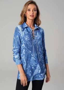 Lace Up Printed Long Sleeve Turndown Collar T Shirt -LICA Clothing Shop 278536 P 16288361830194