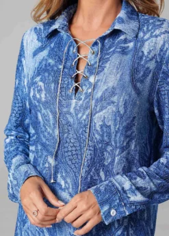Lace Up Printed Long Sleeve Turndown Collar T Shirt -LICA Clothing Shop 278536 P 16288361831182
