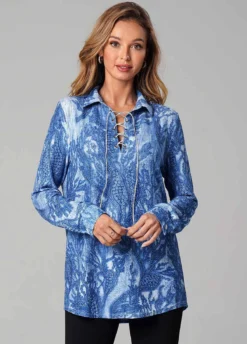Lace Up Printed Long Sleeve Turndown Collar T Shirt