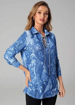 Lace Up Printed Long Sleeve Turndown Collar T Shirt -LICA Clothing Shop 278536 P 16288361839023