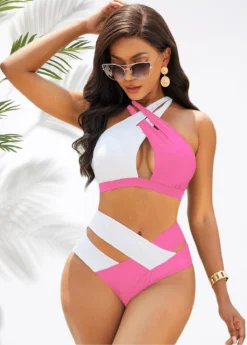 Cross Halter Contrast High Waist Bikini Set