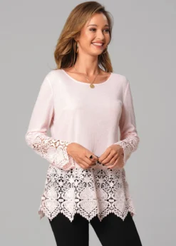 Lace Stitching Round Neck Long Sleeve Valentines T Shirt -LICA Clothing Shop 279697 P 16293735626712